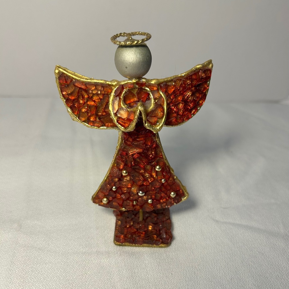 Vintage Handcrafted Angel Figurine Red‎ Mosaic Gold Halo Christmas Holiday Decor